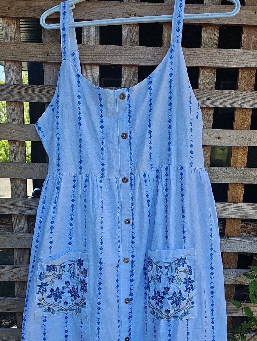 White Dress With Light Blue Stripes Embroidered Button-Front Midi Dress - Picture 3 of 14